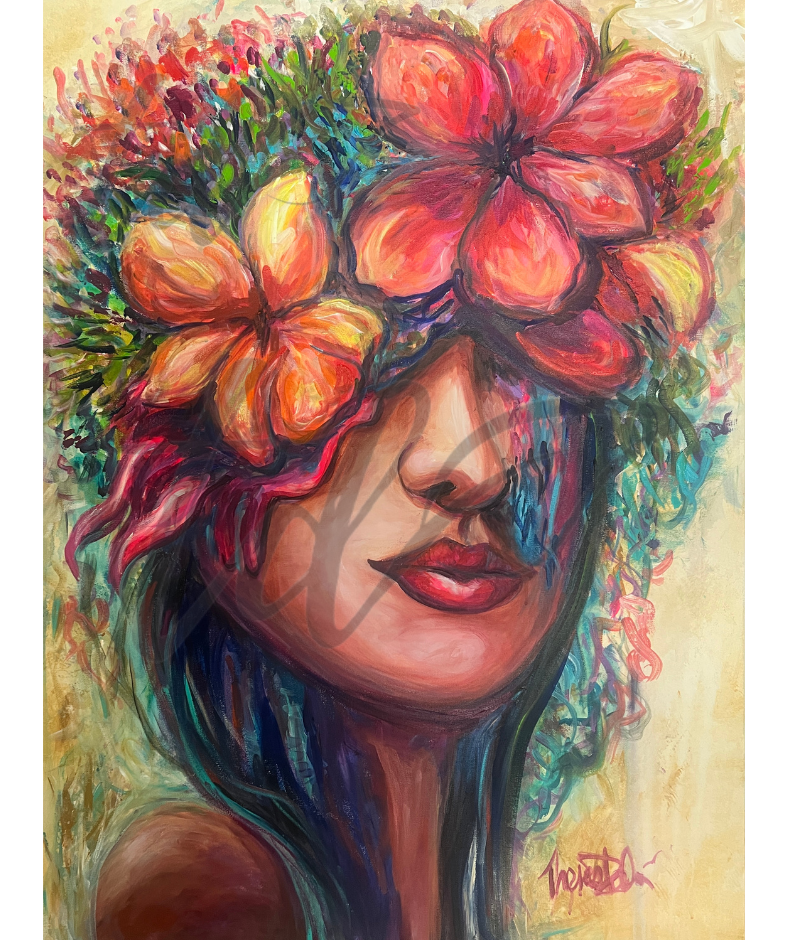 An artwork of a girl with a crown of flowers, prophetic art, Theresa Dedmon, Artist