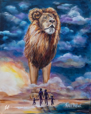 An artwork of a lion protecting a family, prophetic art, Theresa Dedmon, Artist